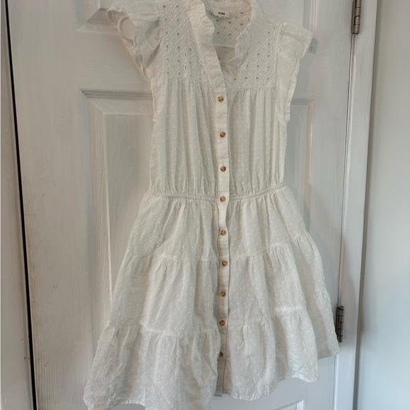 White Eyelet Tiered Mini Dress Cottagecore Boho Button Front M - Picture 3 of 7